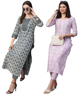 Gosriki Women'S Cotton Blend Printed Straight Kurta With Pant Pack Of 2 (Combo-Sachi-Mukh-Gs_S_Multi_Small) Multicolour,Multicolour,,B0CM9KH59N