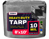 8' x 10' Silver/Black Heavy Duty Tarp with Grommets Reinforced - 10 Mil Thick - Double Sided Plastic Waterproof Tarps - Large Ta