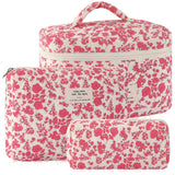 URSKYTOUS 3Pcs Cotton Quilted Makeup Bag for Women Large Small Travel Cosmetic Bag Set Cute Pink Floral Print Makeup Pouch for P