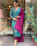 Gosriki Women'S Cotton Blend Straight Printed Kurta With Pant & Dupatta (Down-Rama-Green-Gs_L_Green_Large),Rama Green,,B0CP2LZQW7