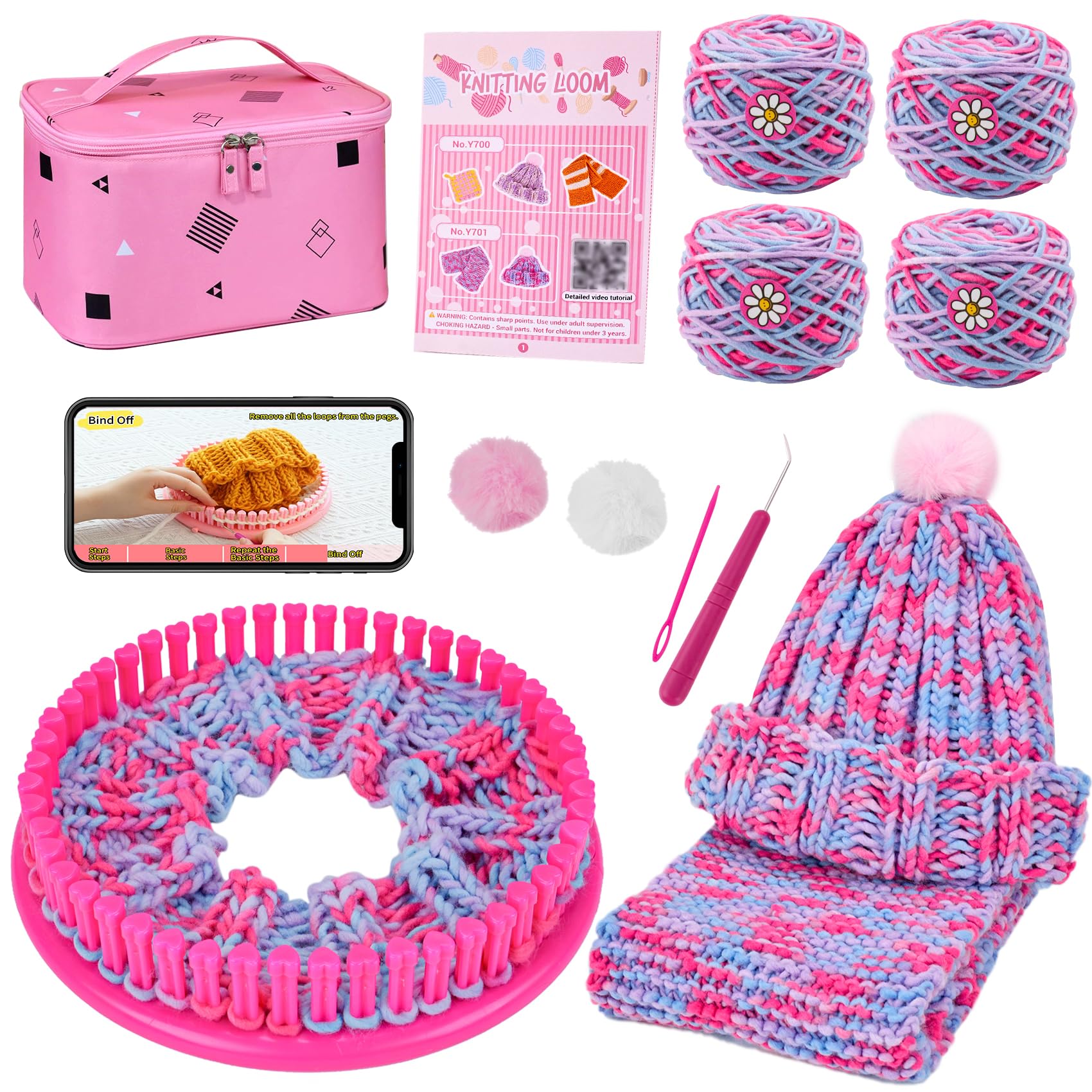 AHCo. Knitting Loom Kit for Girls Ages 6 7 8 10 11 12 - DIY Yarn Craft Set with Looms, Hooks, Storage Bag and Tools, Create Hats