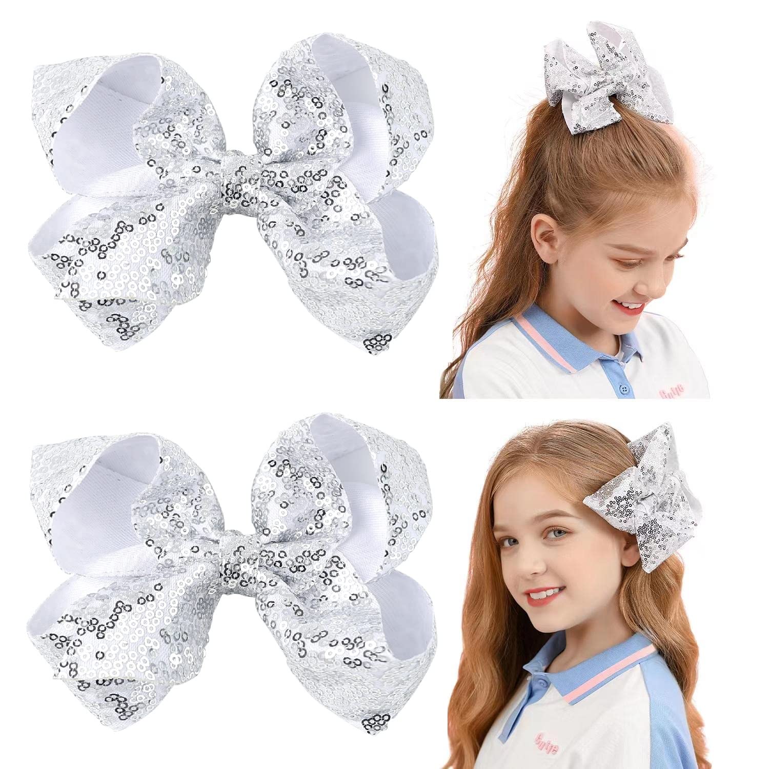 AMYDECOR 6 Inch Silver Sparkly Glitter Sequin Hair Bows for Girls Toddlers Kids Children Teenage (2PCS)