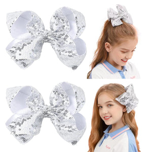 AMYDECOR 6 Inch Silver Sparkly Glitter Sequin Hair Bows for Girls Toddlers Kids Children Teenage (2PCS)