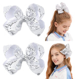 AMYDECOR 6 Inch Silver Sparkly Glitter Sequin Hair Bows for Girls Toddlers Kids Children Teenage (2PCS)