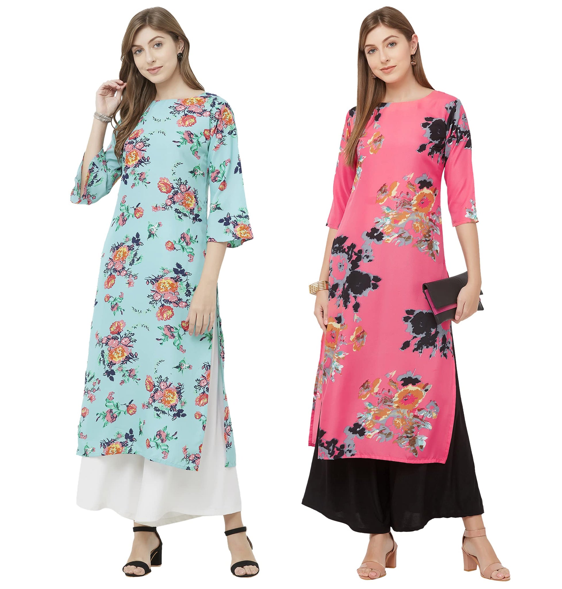 Gosriki Women'S Crepe Straight Kurta Pack Of 02 (Kurti-Combo-Sty-084_M_Blue & Pink_Medium),Blue & Pink,,B09HGPZJXL