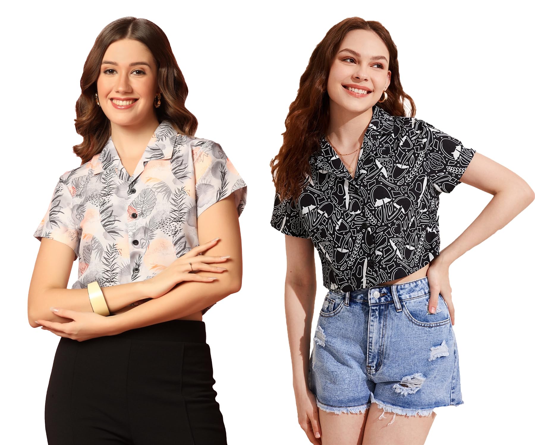 Toplot Women'S Casual Printed Crop Shirt With Half Sleeve Pack Of 2 (Combo-5059-Blk-Tre-L),Black-Tree,,B0CFTVHMKJ