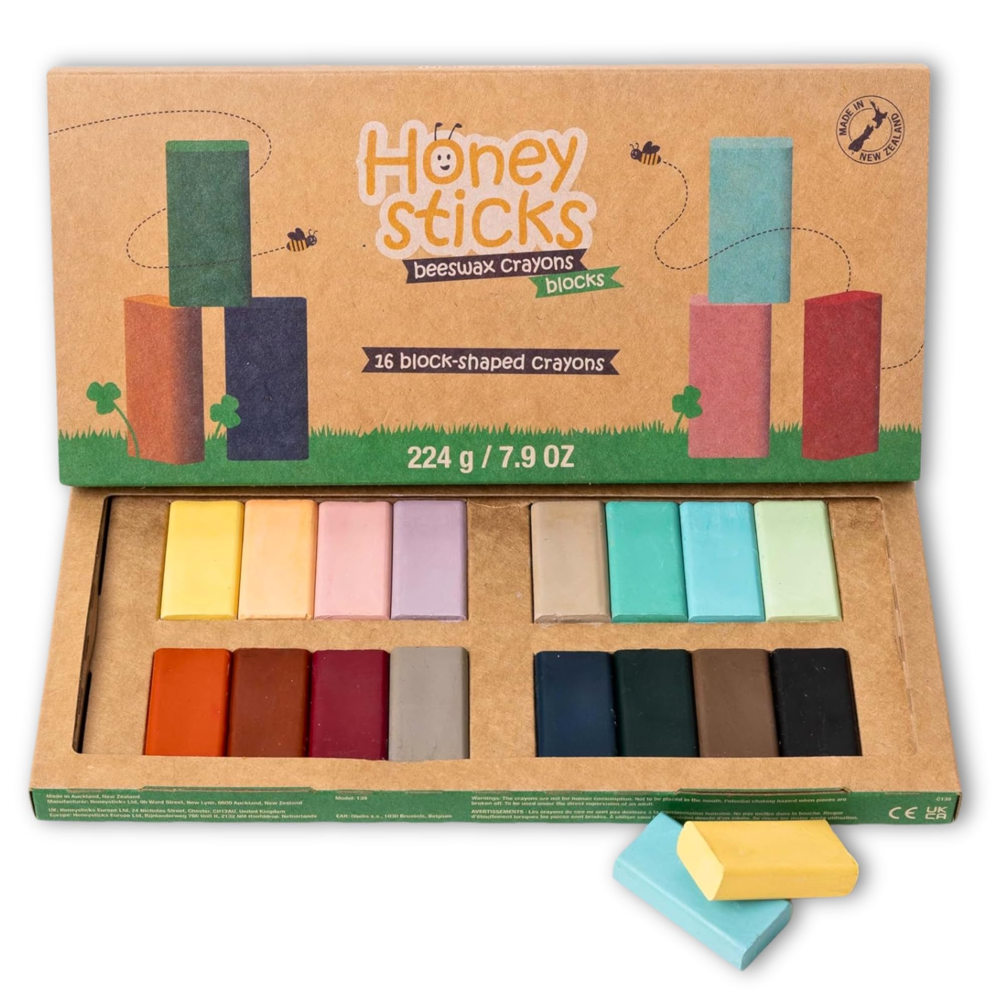 Honeysticks Block Crayons (16 Pack), Non Toxic Crayons for Kids, Toddlers, Made from Pure Beeswax and Food-Grade Colors, Long La