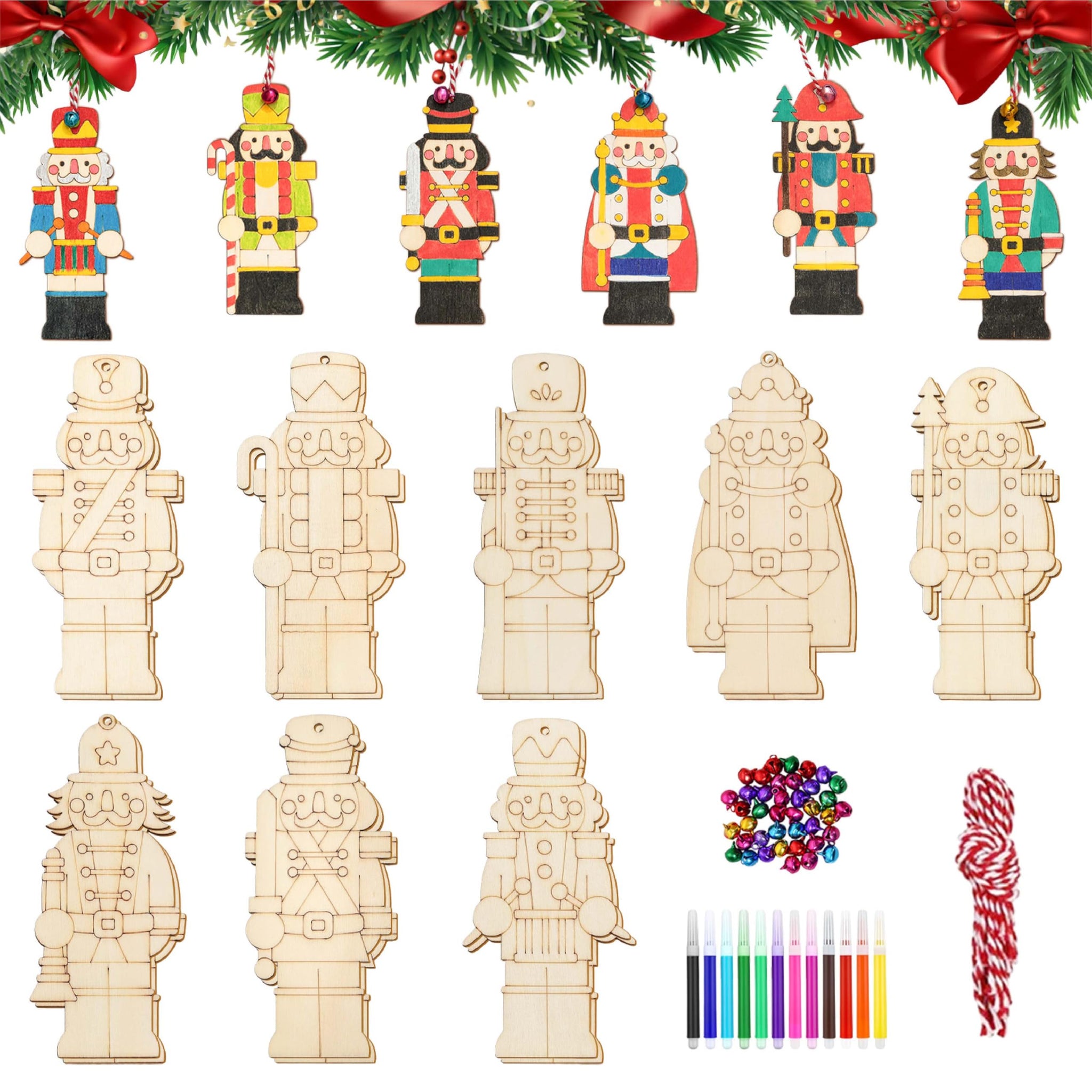 40 PCS Wooden Nutcracker Christmas Ornaments, 8 Styles DIY Unfinished Wood Crafts with Strings, Colored Bells and Pens, Holiday 