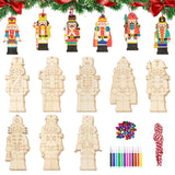 40 PCS Wooden Nutcracker Christmas Ornaments, 8 Styles DIY Unfinished Wood Crafts with Strings, Colored Bells and Pens, Holiday 