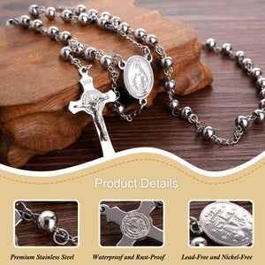 30 Stainless Steel Rosary Beads Necklace 6mm Silver Color with Jesus Christ Crucifix Cross