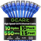 GearIT Cat 6 Ethernet Cable (10-Pack 1.5 Feet) Cat6 Network Patch, 10Gbps, RJ45, Snagless Cord, Gold-Plated Connectors, Internet