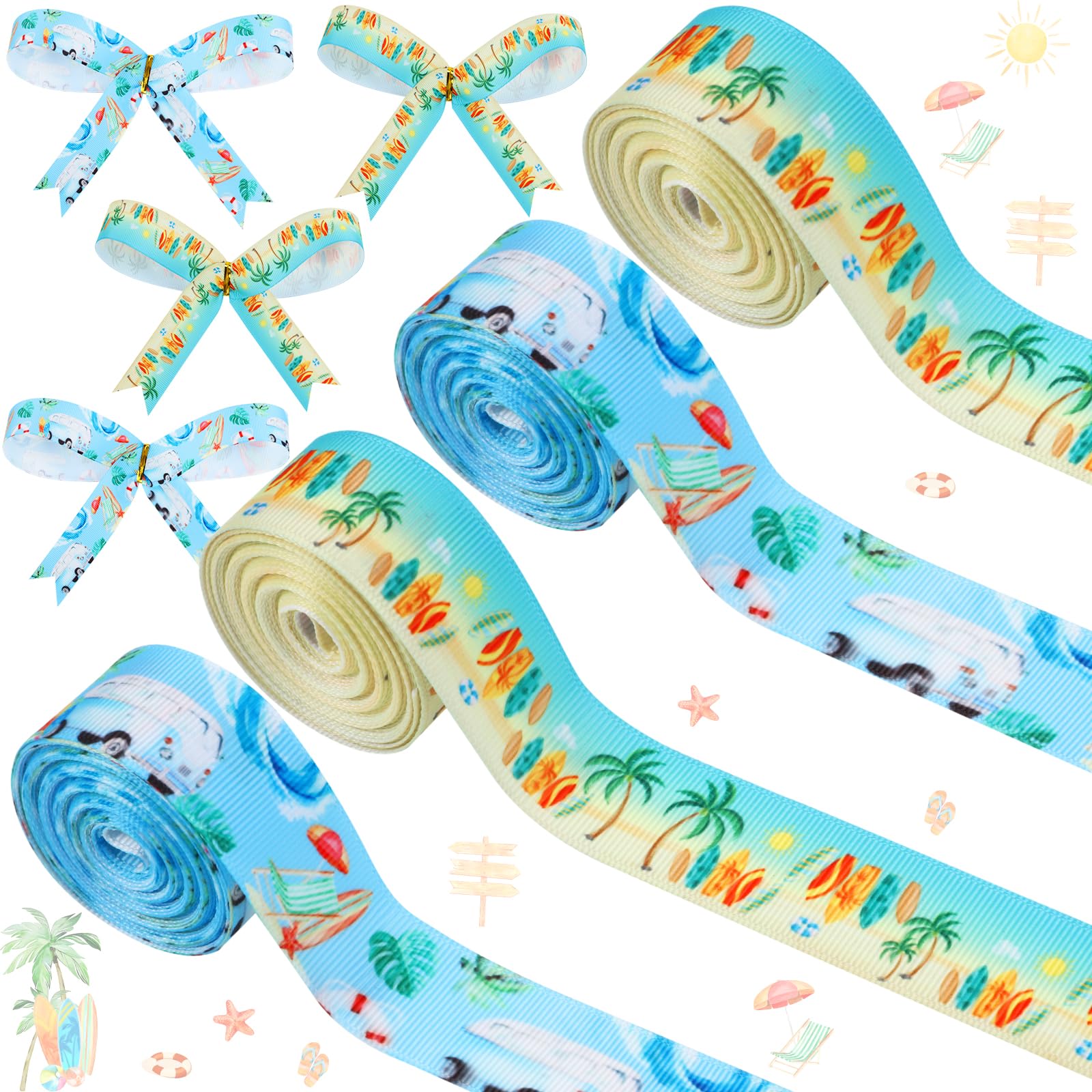 Cheerupp 4 Rolls Surfing Theme Ribbons, 20 Yards Craft Ribbons for Wreath Hair Bow Wrapping Gifts Packing, Summer Beach Grosgrai