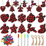 DECYOOL 50 Pieces Christmas Buffalo Plaid Wooden Ornaments Blanks Pendants Unfinished Predrilled Wood Slices Hanging for Xmas Fe