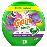 Gain flings Laundry Detergent Soap Pacs, HE Compatible, Long Lasting Scent, Moonlight Breeze Scent, 76 Count