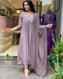 Anni Designer Women'S Rayon Blend A-Line Embroidered Kurta With Pant & Dupatta (Sharmi Lavender_Xxl_Lavender_Xx-Large),Lavender,2XL,Rayon Blend,A-Line,Kurta, Pant, Dupatta