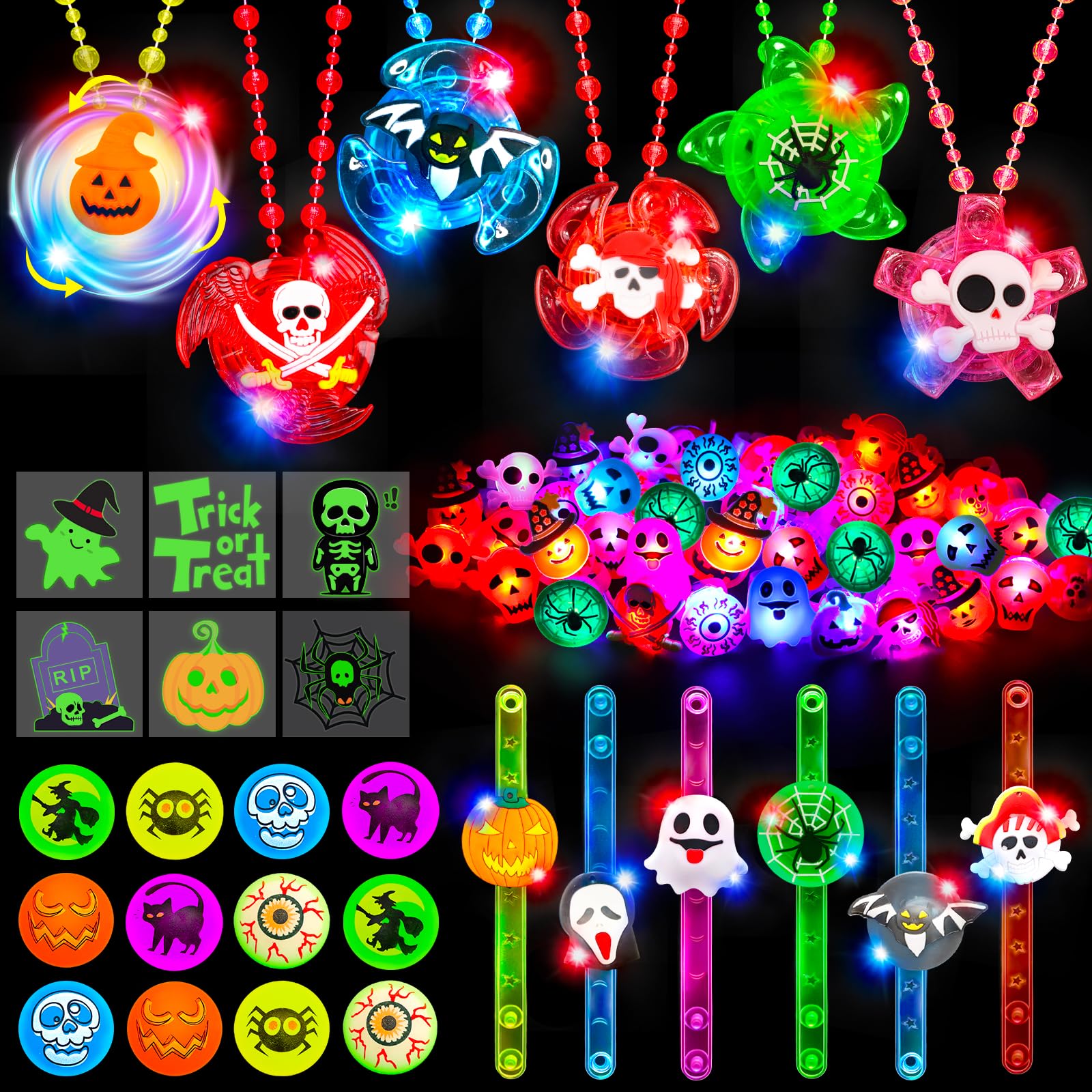 HIPYGYM 100PCS Halloween Party Favors for Kids Glow in The Dark Halloween Toys Bulk Light Up Necklace Bracelet LED Rings Hallowe
