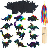 Outus 120pcs Scratch Dinosaur Craft Art Kits for Kids with 48 Scratch Dinosaur Paper24 Wooden Styluses and 48 Ribbons for Theme 