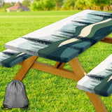 Picnic Table Cover with Bench Covers, Green Blue Camping Tablecloth Waterproof Windproof, Fitted Tablecloth Cover with Elastic E