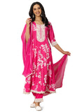 Pink Floral Printed Panelled Anarkali Kurta With Solid Trouser And Chiffon Dupatta