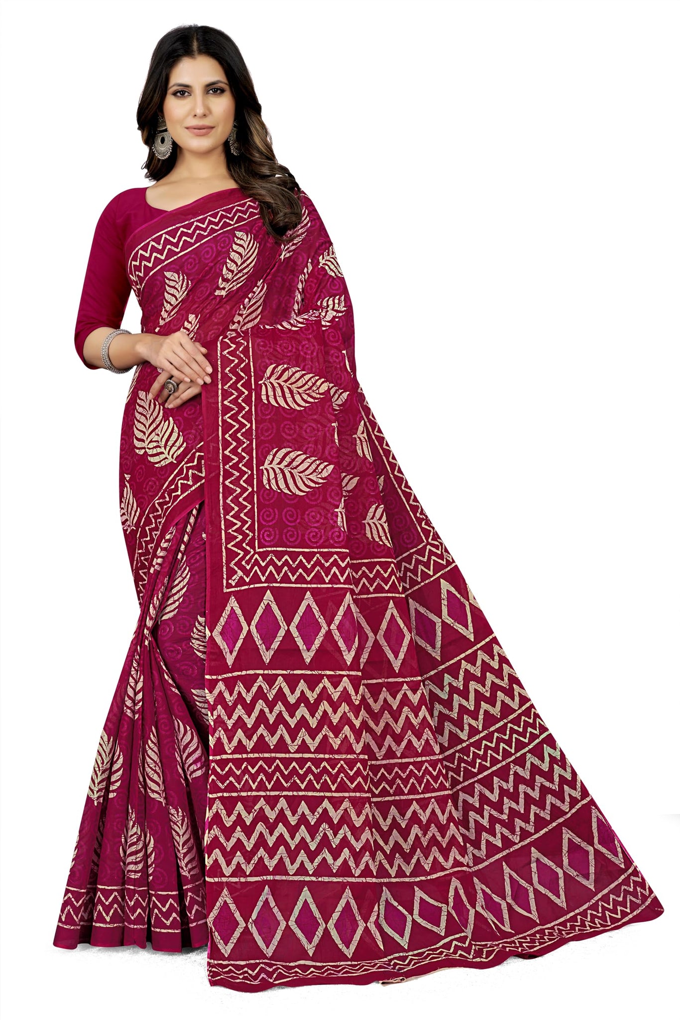 TAMAIRA FASHION Women's Batik Printed Pure Cotton Saree Without Blouse Piece(2458_DarkPink)