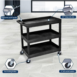 Luxor Ec111-B Tub Storage Cart 3 Shelves - Black,32'' X 18''