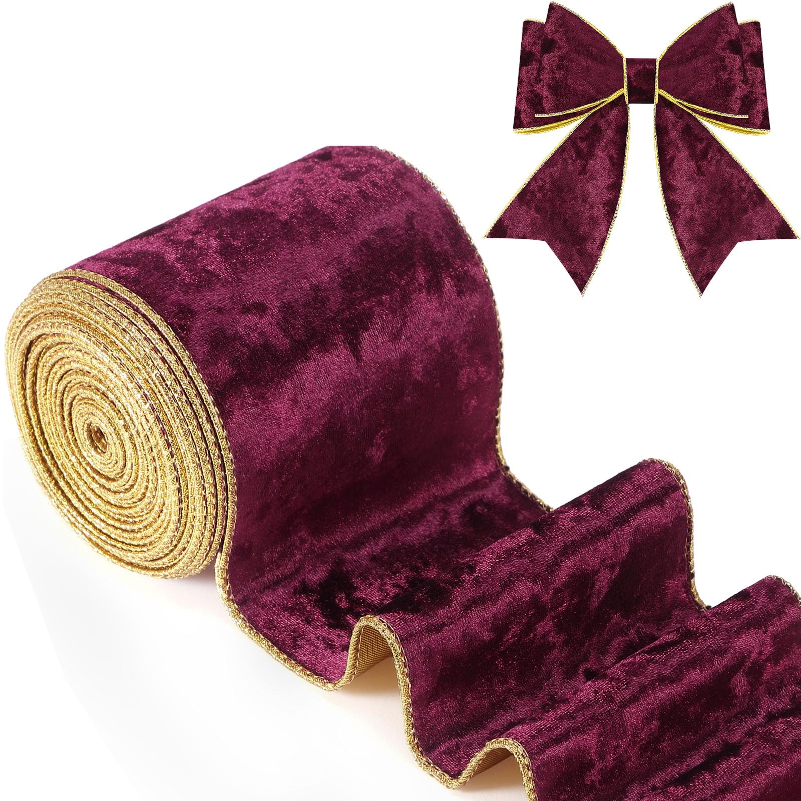 Riceshoot Christmas 4 Inch Velvet Ribbon 10 Yards Burgundy Wide Wired Velvet Ribbon with Gold Edge for Wrapping Bow Gift Box DIY
