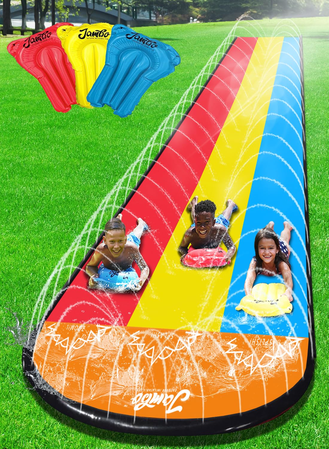 JAMBO 20Ft Premium 3 Lane Slip Splash and Slide with Bodyboards, Heavy Duty Water Slide- Advanced 3-Way Sprinkler System, Long S