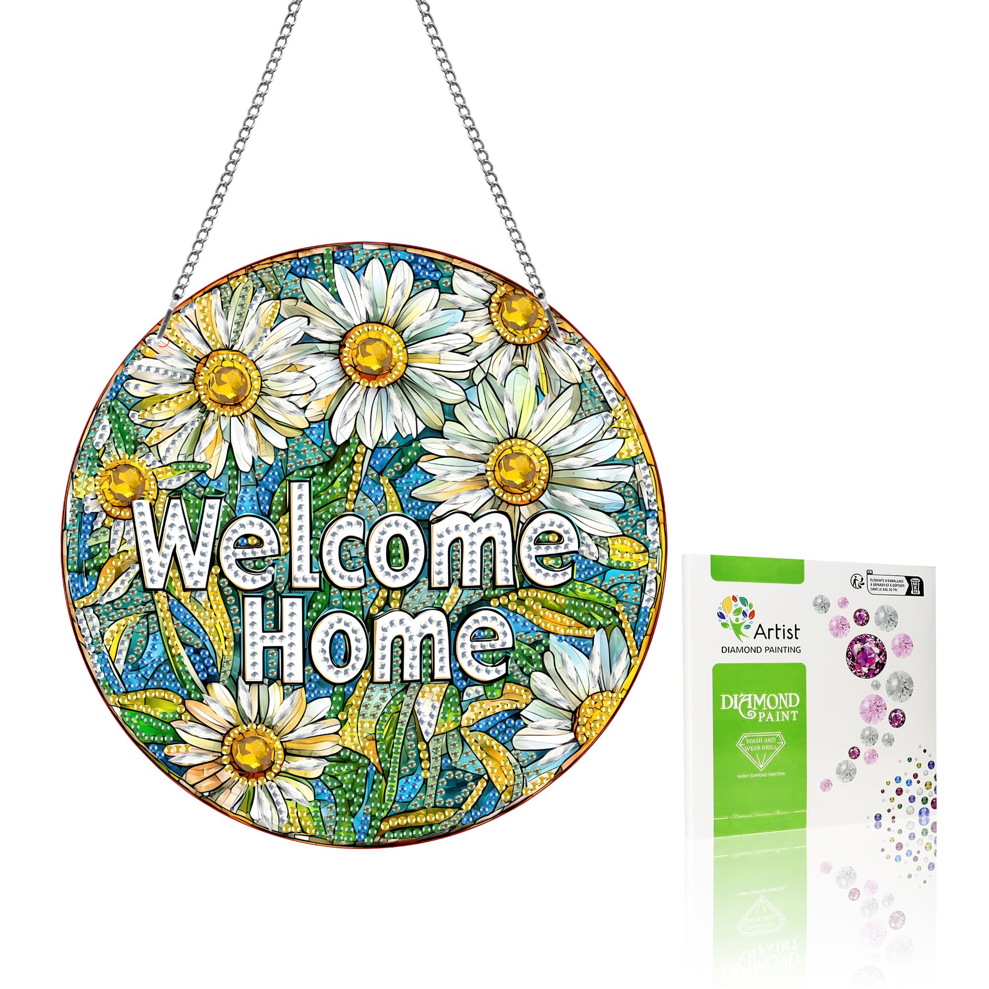 VAIIEYO Welcome Diamond Art Hanging Ornament, Chrysanthemum Diamond Painting Suncatchers Window Hanging Kit with Chain, 7.5x7.5 