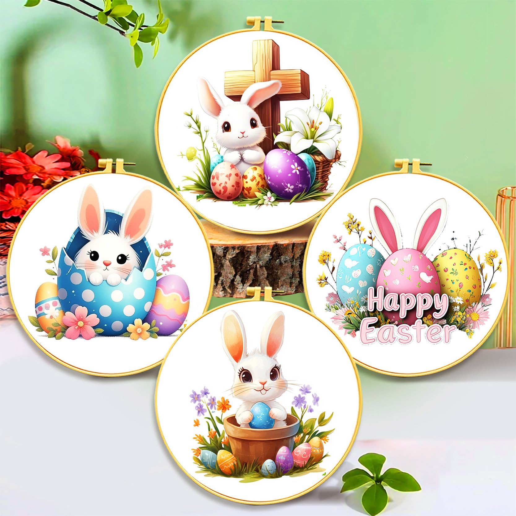 Zhenging Easter Cross Stitch Kit with 4 Bunny & EggPatterns -9.45x9.45 Inch Hoop, Pre-Printed Fabric,Threads, Tools -DlY Easter 