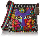 Laurel Burch 138199 Crossbody 13.5X4X10, Blossoming Feline,Blk/Wht/Pur