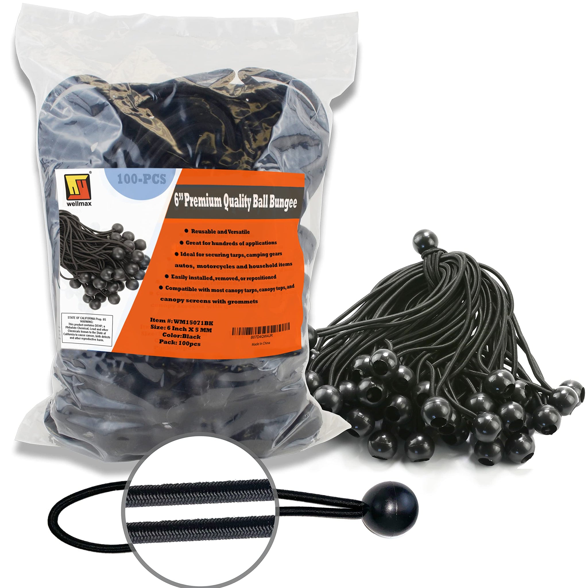 100-Pack 6 Inch Ball Bungee Cords By Wellmax - Heavy Duty, Versatile, And Built To Last - Ideal For Camping, Tarp Tie-Downs, Can