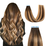 Sunya Tape in Hair Extensions Human Hair Balayage Chocolate Brown to Caramel Blonde 16 Inch 40g/pack 20pcs Straight Seamless Ski