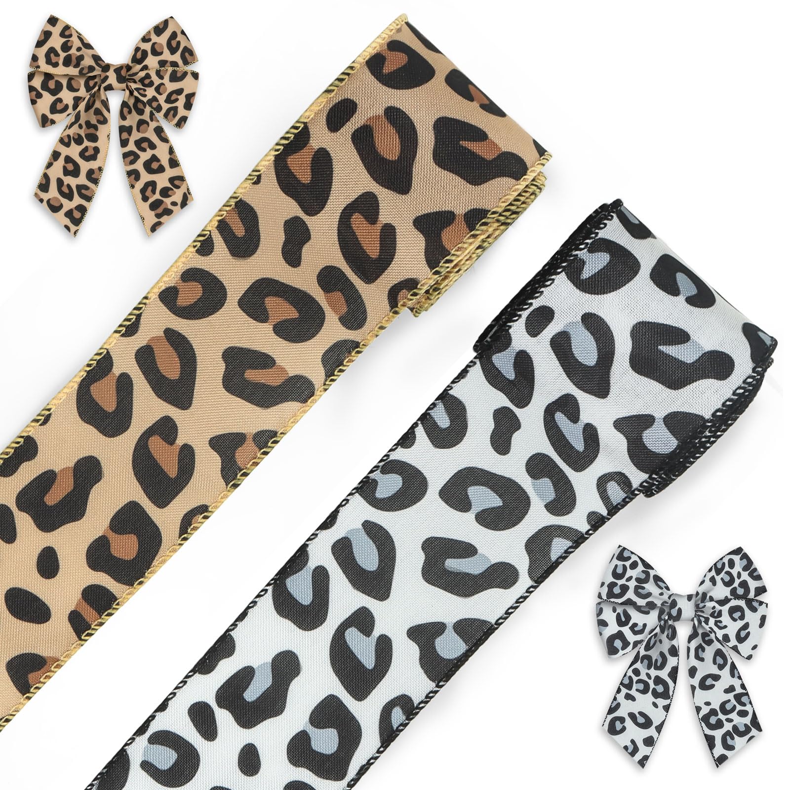Threetols 2 Rolls 10 Yards Leopard Print Wired Edge Ribbons 2.5 Cheetah Brown Decor Wrapping Ribbon Animal Print Burlap Fabric C