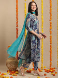 Anni Designer Women'S Rayon Blend Straight Printed Kurta With Pant & Dupatta (Rishi Blue_M_Blue_Medium),Blue,M,,,