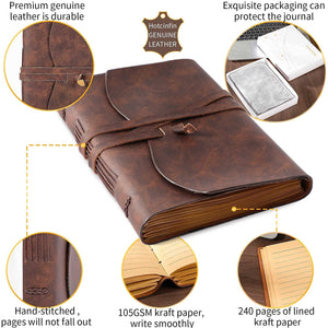 Hotcinfin Leather Bound Journal for Men/Women, Rustic Vintage Handmade Large Writing Notebook with 240 Kraft Lined Pages(5x7 inc