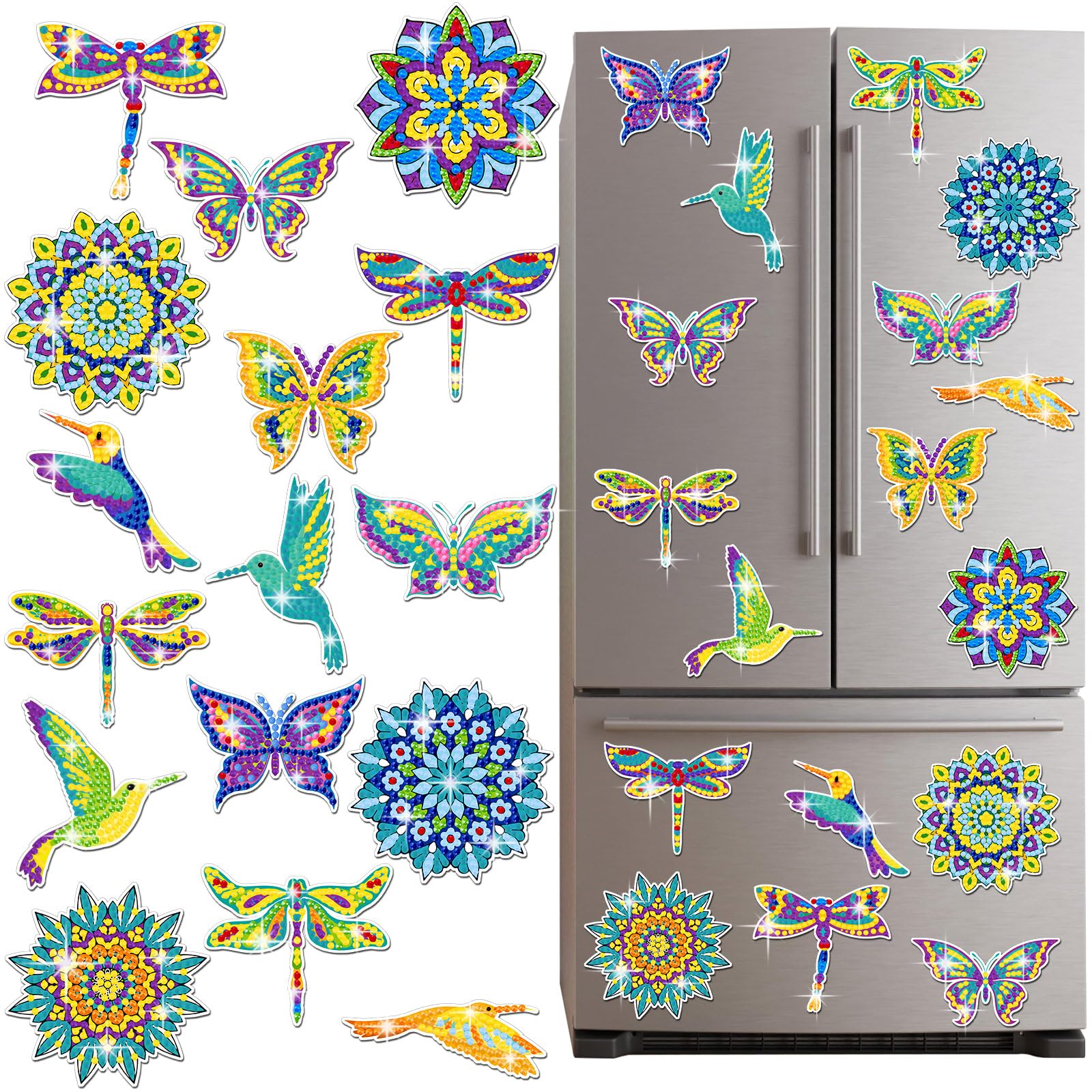 16 Pcs Summer Diamond Art Painting Magnets Butterfly Mandala Refrigerator Magnets Sticker Dragonfly Hummingbird Diamond Art Kits