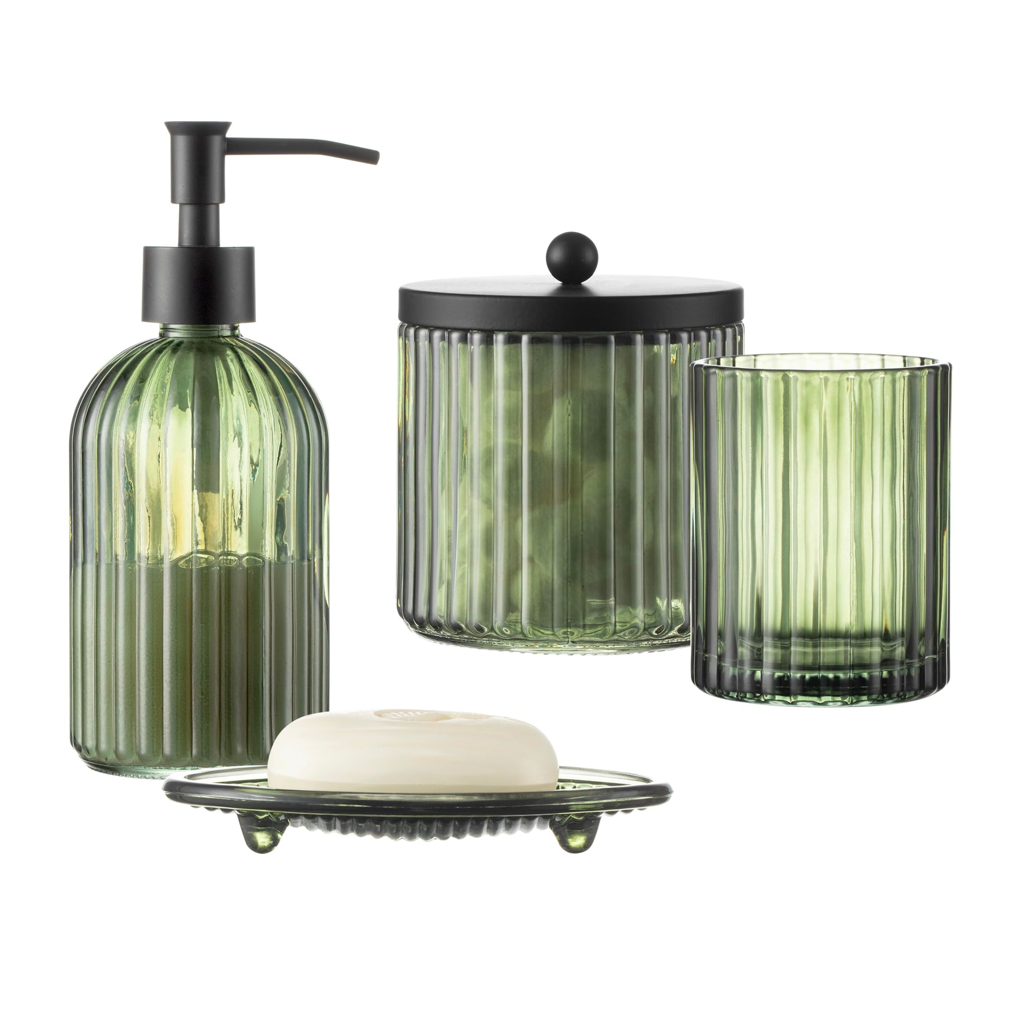 4PCs Heavy Weight Decent Glass Bathroom Accessories Set with Decorative Pressed Pattern - Includes Hand Soap Dispenser & Tumbler