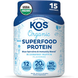 KOS Plant Based Protein Powder, Blueberry Muffin Organic Pea Protein Superfood with Spirulina and Immune Support Blend. Soy, G