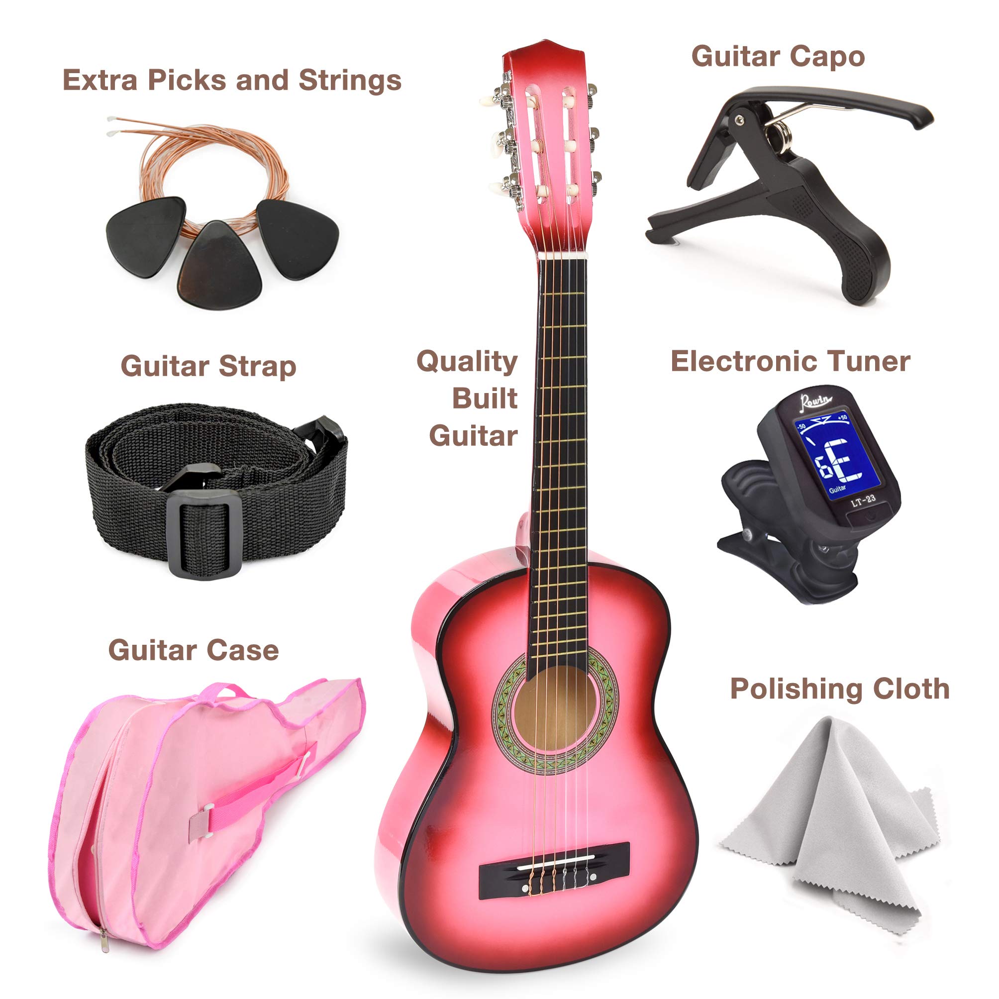 30 Wood Guitar With Case And Accessories For Kids/Girls/Boys/Beginners (Pink Gradient)