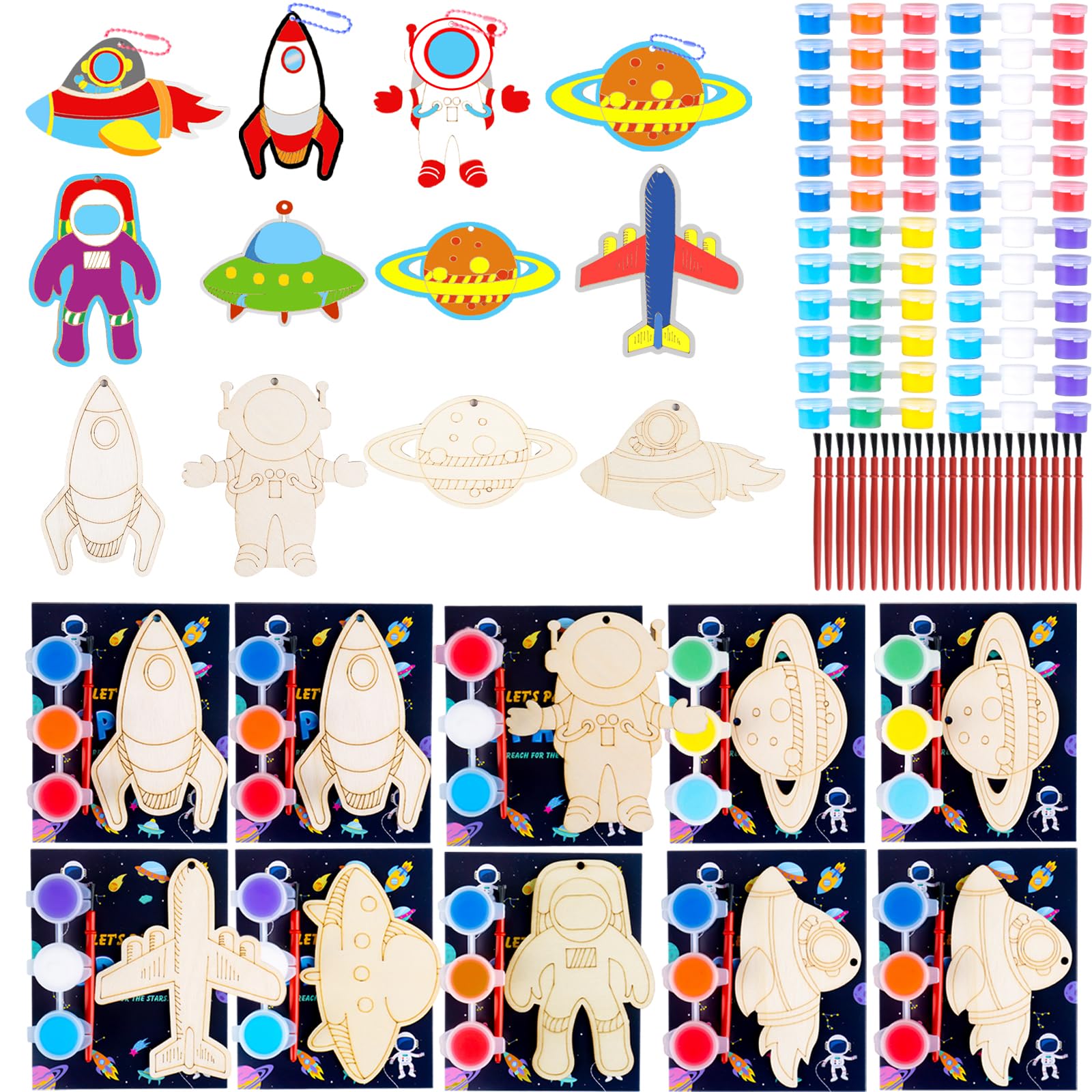 JOTIKO 24 Pack Space Themed Party Favors - Wood Keychain Painting Crafts Kits Art Supplies for Kids, Birthday Goodie Bag Filler 