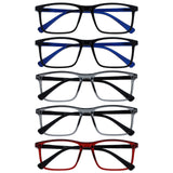 OPULIZE INK Reading Glasses - Value 5 Pack - Large Rectangular Frame - Spring Hinges - Scratch Resistant - Black Grey Red - Mens