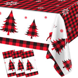 3PCS Christmas Tablecloth, Red and Black Buffalo Plaid Rectangular Plastic Christmas Tablecloth, Winter Snowflake and Reindeer D