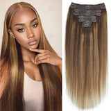 #4/27/4 Yaki Straight Clip in Hair Extensions Real Human Hair Omber Clip ins For Women Yaki Straight Clip on Hair(14inch,T1BP1B/
