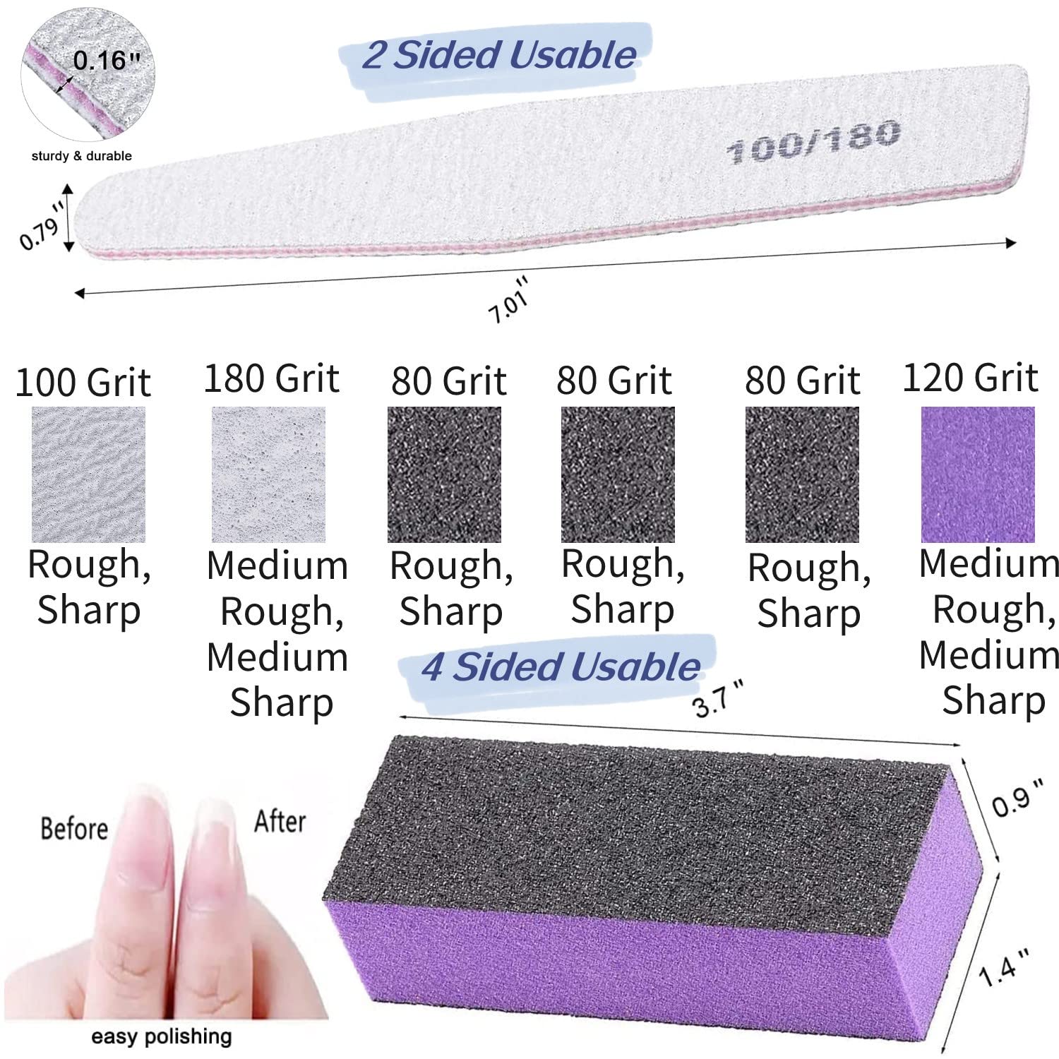 16pcs Nail Files Buffers Kit - 10pcs 100/180 Grit Sharp Nail File Emery Boards, 6pcs Rough Polishing Buffer for Nails Art Pedicu