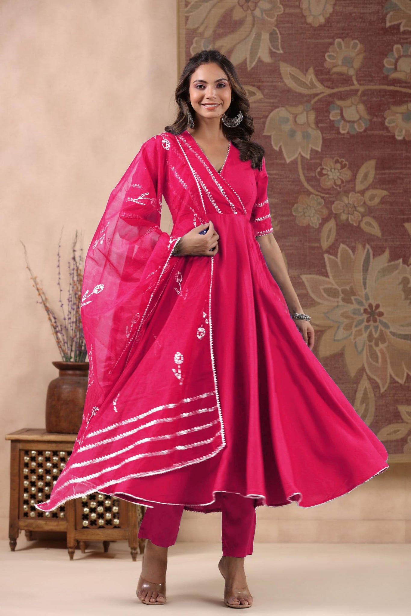 Anni Designer Women'S Rayon Blend Anarkali Solid Kurta With Pant & Dupatta (Nirmooha Pink_Xl_Pink_X-Large),Pink,XL,Rayon Blend,Anarkali,