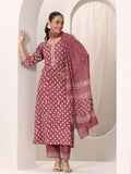 Libas Womens Printed Cotton Straight Kurta With Trousers And Dupatta Rust Xl