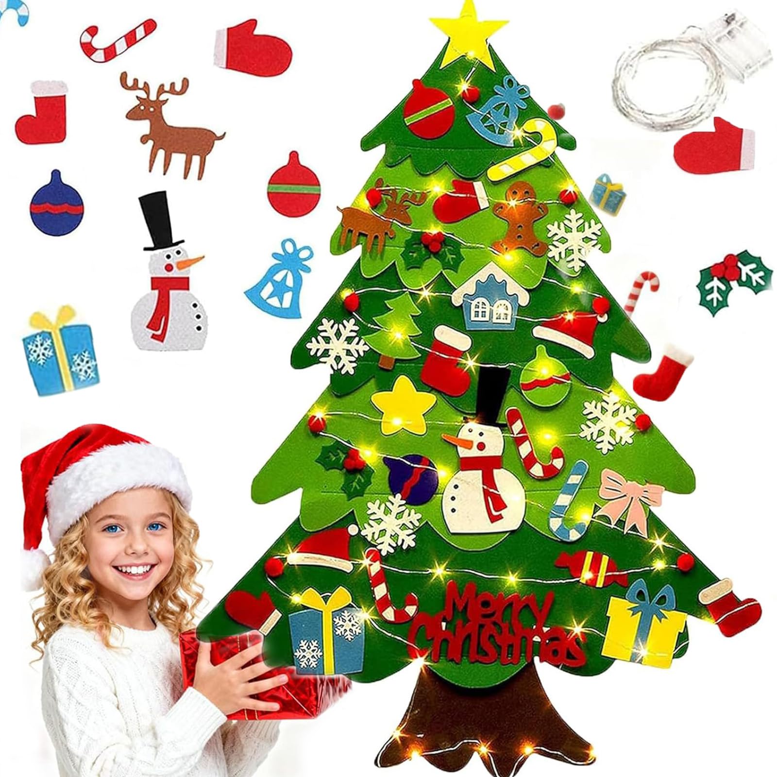 Montessori Felt Christmas Tree for Toddlers, Interactive DIY Felt Christmas Tree Set with 3 Meters Led String Light
