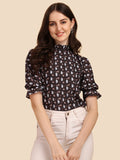 Wedani Women'S Casual Puff Sleeves Ruffled Collor Foral Top (Large Black-2),Black-2,L,Rayon,Regular,
