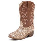 LAURMOSA Kids Brown Cowgirl Boots Girls Western Horse Riding Boots Mid Calf Sparkle Youth Cowboy Boots Classic Embroidered Point