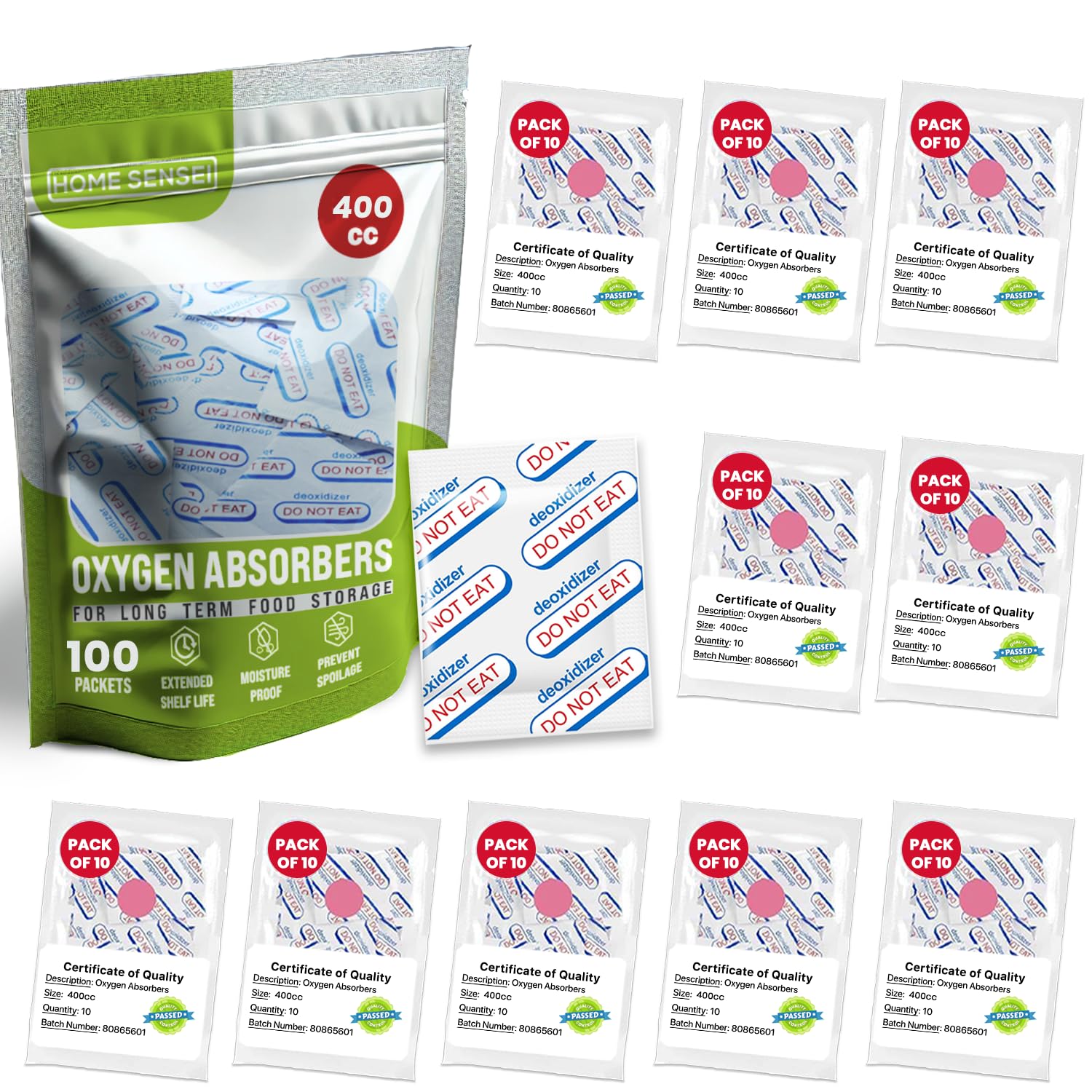 400cc Oxygen Absorbers for Food Storage 100 Pack - Sealed Packs of 10 for Freshness - Ideal for Mylar Bags, Mason Jars, and Free